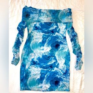 MICAS Bodycon Ruched Swirl Tie Dye Long Sleeve Off Shoulder Mini Dress